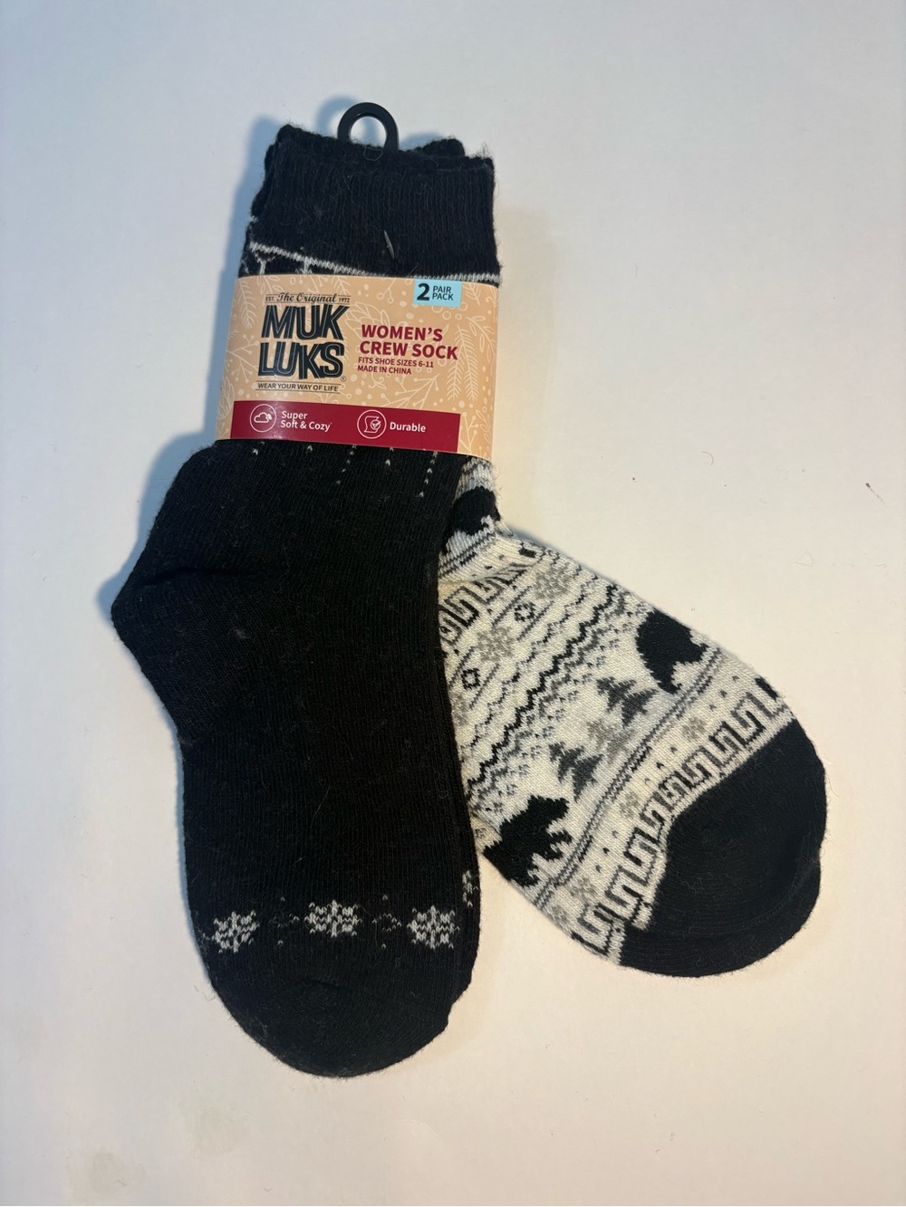 NWT Cozy Muk Luks Womens Crew Socks 2 pack Black Gray Shoe Sz 6-11 Winter